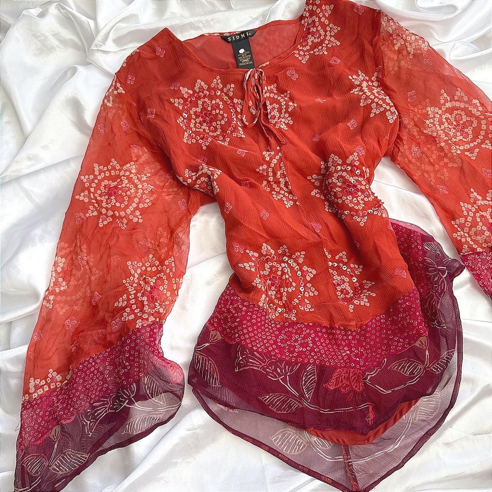 Sioni Silk Beaded Sequin Blouse Red Burgundy Boho Bell Sleeve Top Medium